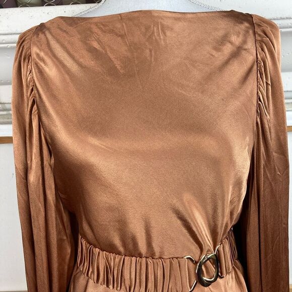 Shona Joy BNWT Copper Satin Dress w/ low open back that ties & matching belt - Picture 5 of 13